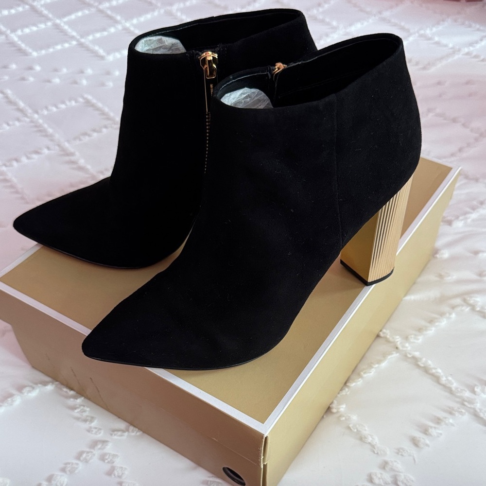 MICHAEL Michael Kors Black Ankle Boots with Gold Block Heel